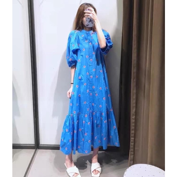 Váy tay bồng dài xanh hoa thêu zara xuất dư xịn