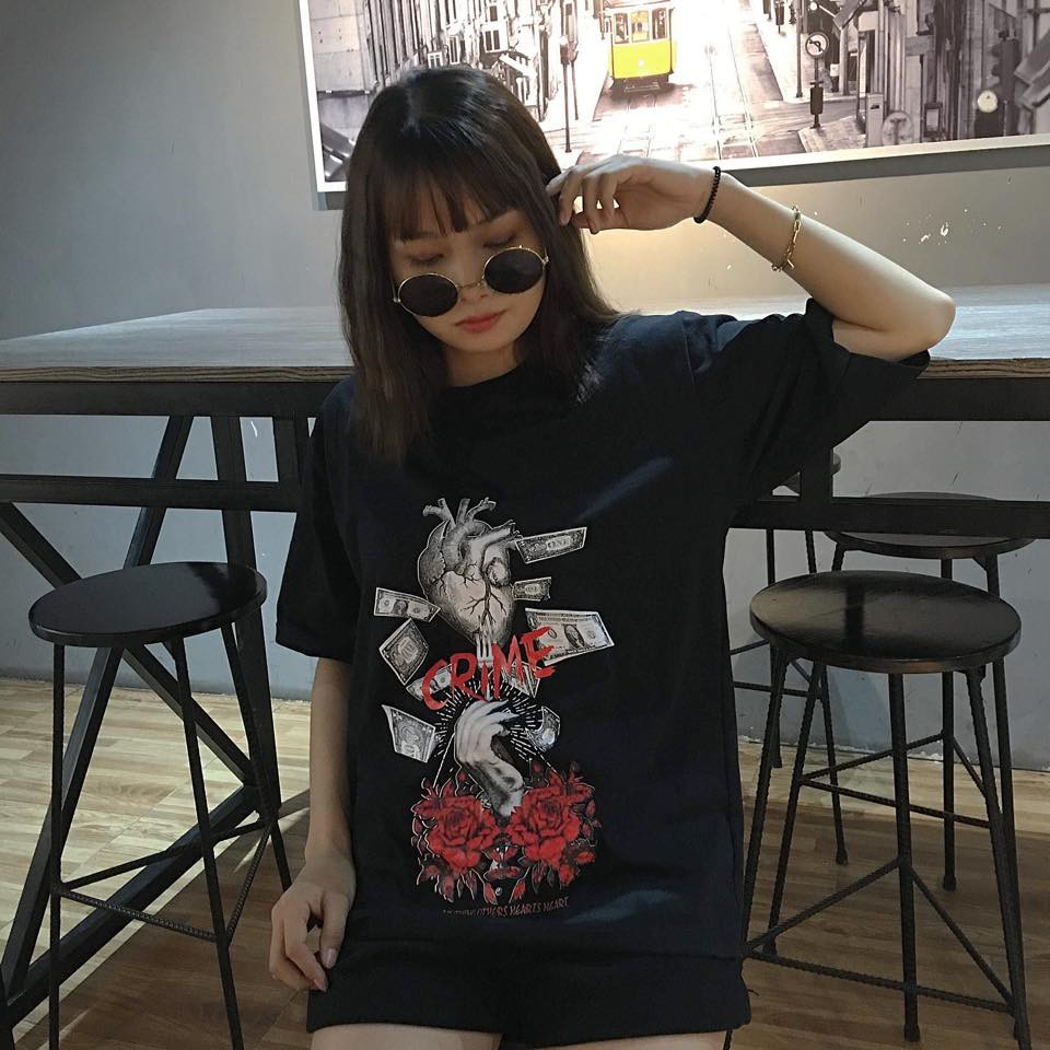 Áo thun tay lỡ YAYSHOP unisex nam nữ form rộng vải cotton mềm mịn CRIME