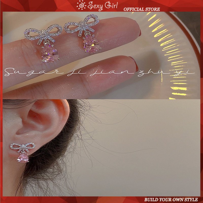 Bông Tai Bạc 925 Hình Nơ Đính Đá Zircon Hồng Ngọt Ngào Siêu Lấp Lánh Cho Nữ