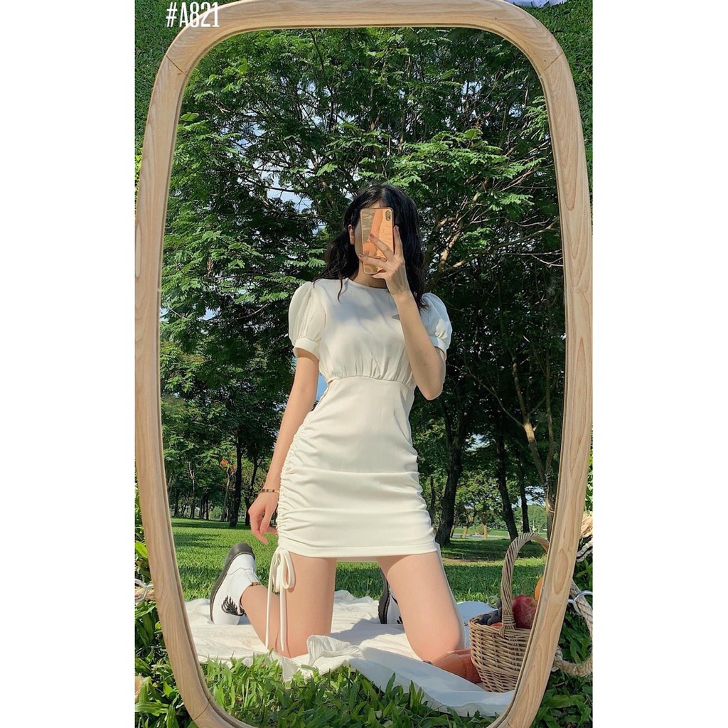 Đầm body dây rút hở eo tay bo phồng