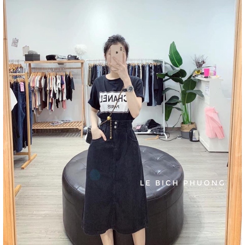 Chân váy jeans xẻ giữa💥Chân váy midi jeans💥{free ship} | BigBuy360 - bigbuy360.vn