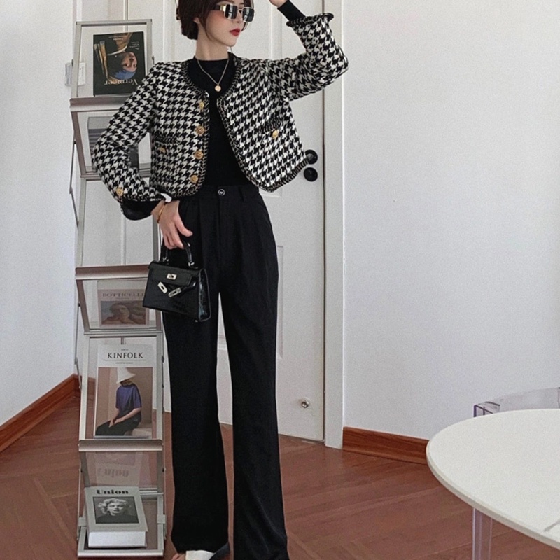 Thời Trang Áo Khoác Tweed Dáng Ngắn Màu Đen Dễ Phối Đồ Cho Nữ