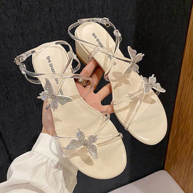 Giày Sandal Cao Gót Quai Chéo Trong Suốt Đính Đá Hình Bướm 🦋