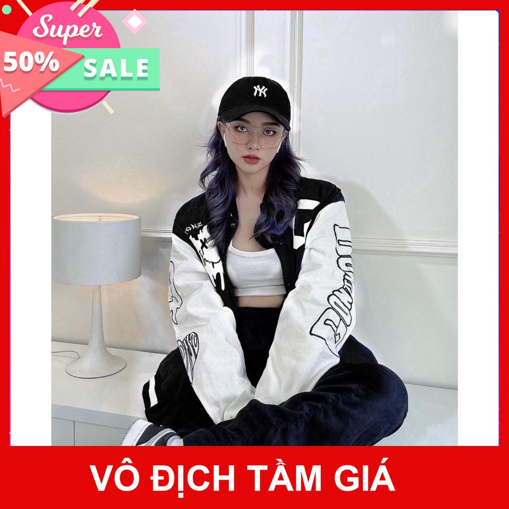 Áo varsity jacket Unisex Form rộng nhung tăm 1 lớp Hình thêu 100% Red v4. Áo khoác bomber nam nữ Gonz Bóng chày hottrend