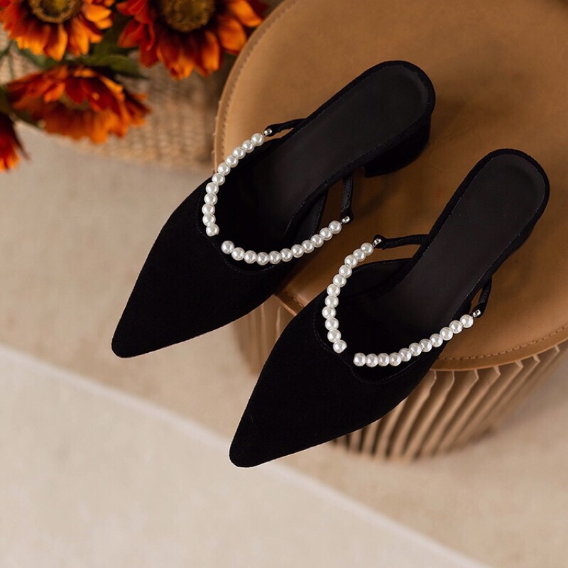 Sục cao gót gắn dây hạt sang chảnh thời trang nữ - SB39 - Oula Store