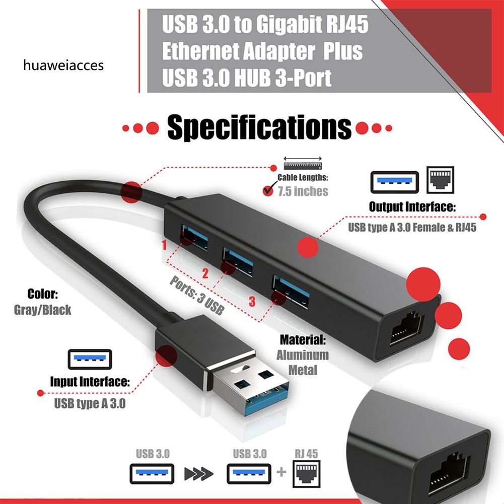 Bộ Chia 3 Cổng Mạng Lan Rj45 Hua-Usb 3.0 Cho Windows / Mac | BigBuy360 - bigbuy360.vn