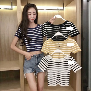 Áo len nữ kẻ cộc tay croptop