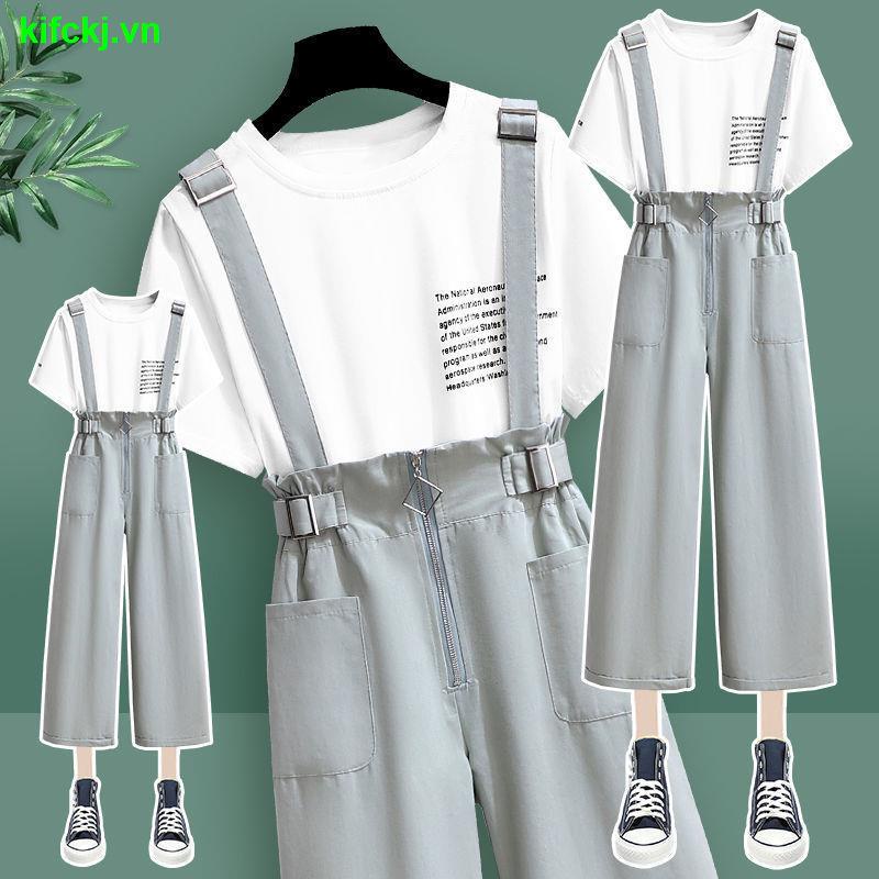 Set áo thun và quần yếm ống rộng thời trang mùa hè mới mẫu 2021 dành cho nữ (Có bán lẻ)