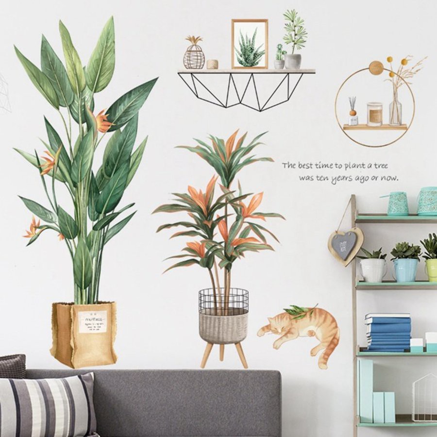 Decal dán tường trang trí - Decal 3d lá xanh - Giấy dán tường trang trí phòng khách, phòng ngủ - Tặng kèm keo sữa | BigBuy360 - bigbuy360.vn