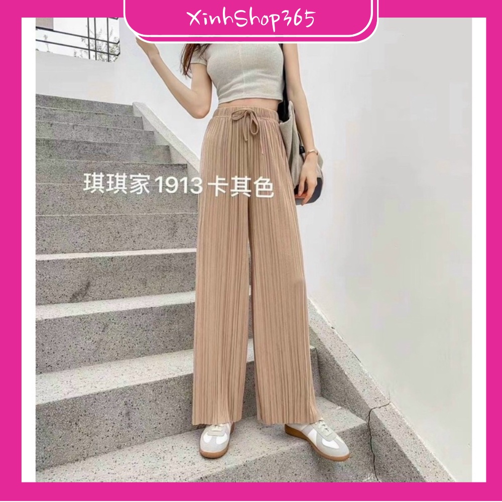Quần xếp ly ống rộng nữ, cạp chun vải tăm phom to dài 93cm LY005 XinhShop365