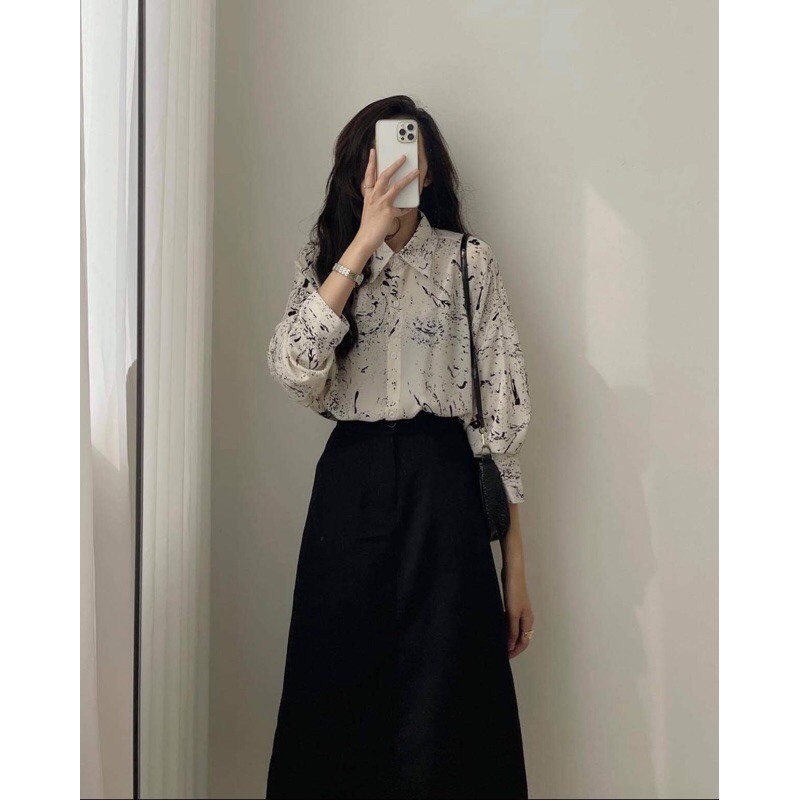 Áo Sơ Mi Vân Đá &lt;Freeship&gt; Áo Sơ Mi Hoạ Tiết Loang Màu Be/ Trắng/Đen Freesize Form Rộng Kate