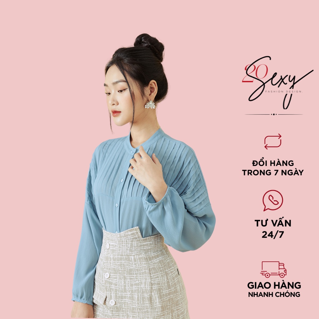 Áo sơ mi nữ dài tay cổ tàu 20Sexy by 20AGAIN tay áo bồng chất voan xước cao cấp ASA1720