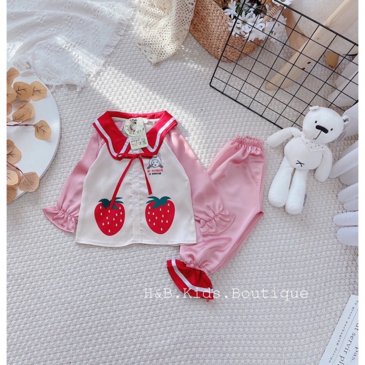 Bộ lụa 2 quả dâu dài tay bé gái