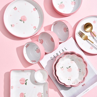Bộ chén bát đĩa sứ quả đào hồng, bát đĩa sứ ăn cơm gia đình cao cấp