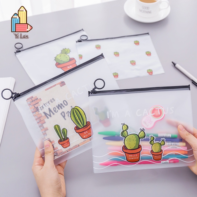 Túi Đựng Bút Trong Suốt Họa Tiết Xương Rồng Dung Tích Lớn