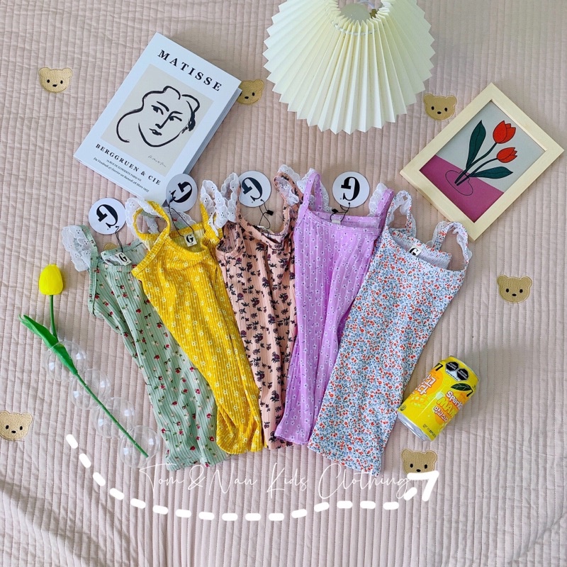 Váy hai dây thun len gân ôm body bé gái dễ thương sành điệu