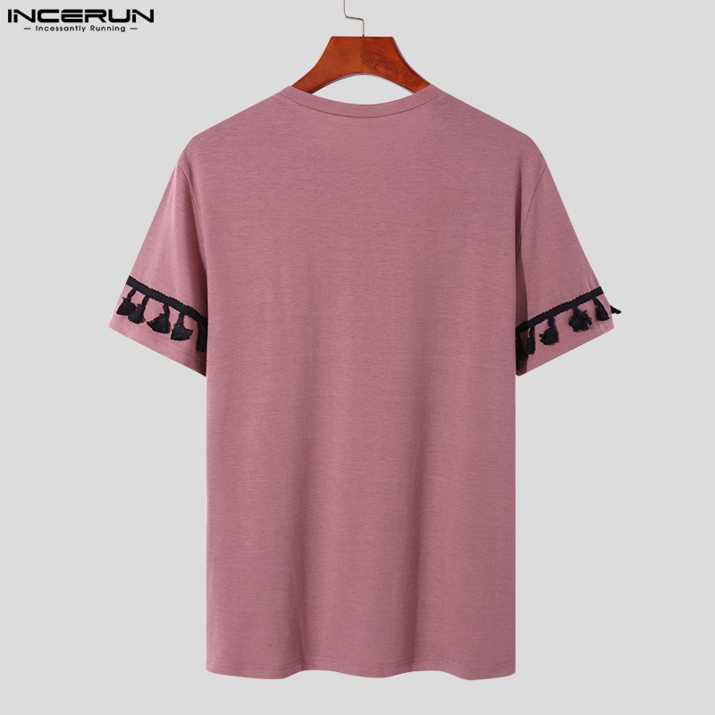Áo thun INCERUN tay ngắn cổ tròn phối tua rua kiểu thổ cẩm thời trang dành cho nam