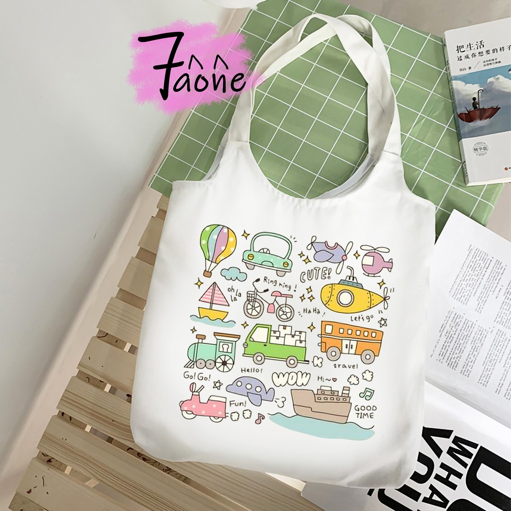 Túi Vải Quai Tròn Sắc Màu Cute Có Túi Con Tote Vải Canvas