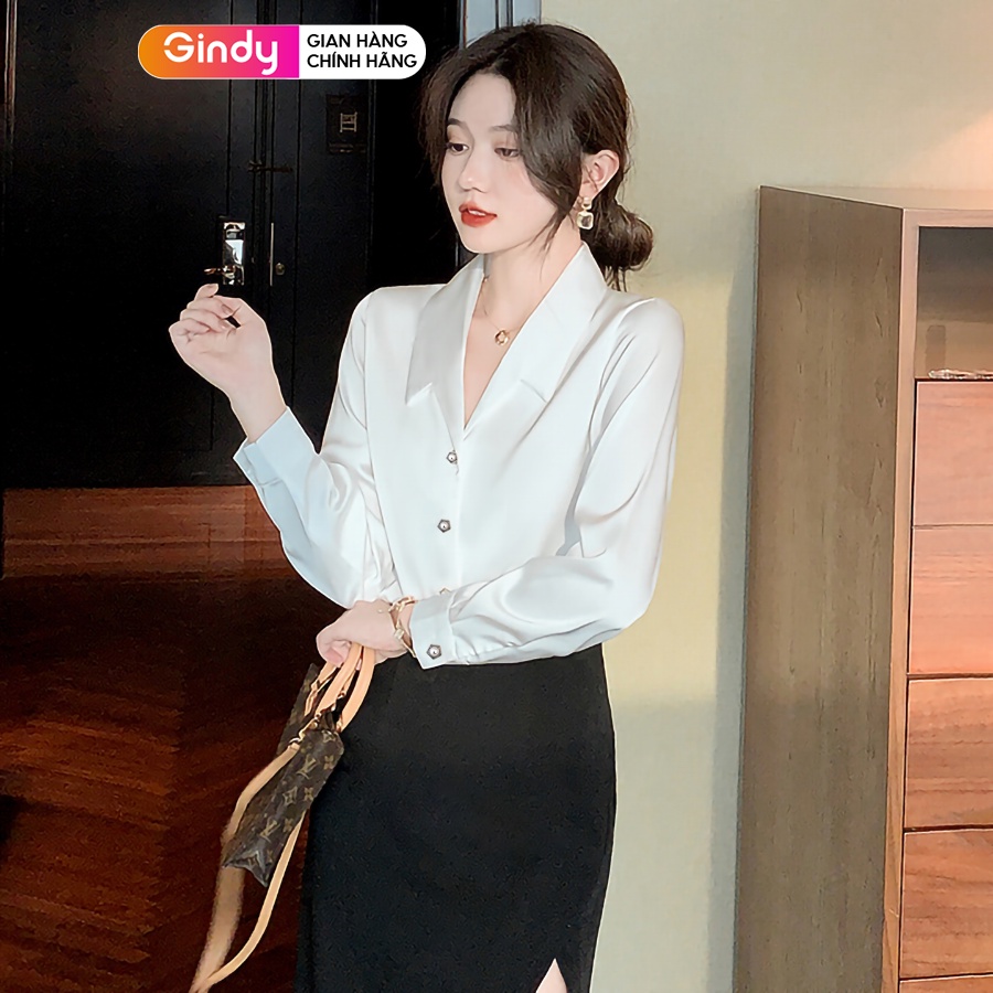Áo sơ mi nữ lụa tay dài trắng hàn quốc cổ cách điệu GINDY sơmi trơn thời trang công sở, sinh viên, học sinh A10117
