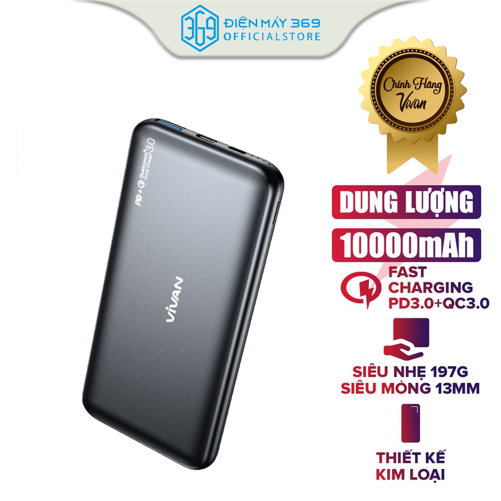 Pin sạc dự phòng 10000mAh VIVAN VPB-N10, Sạc nhanh chuẩn PD/QC 3.0, 9 lớp bảo vệ điện thông minh,Có thể mang lên máy bay