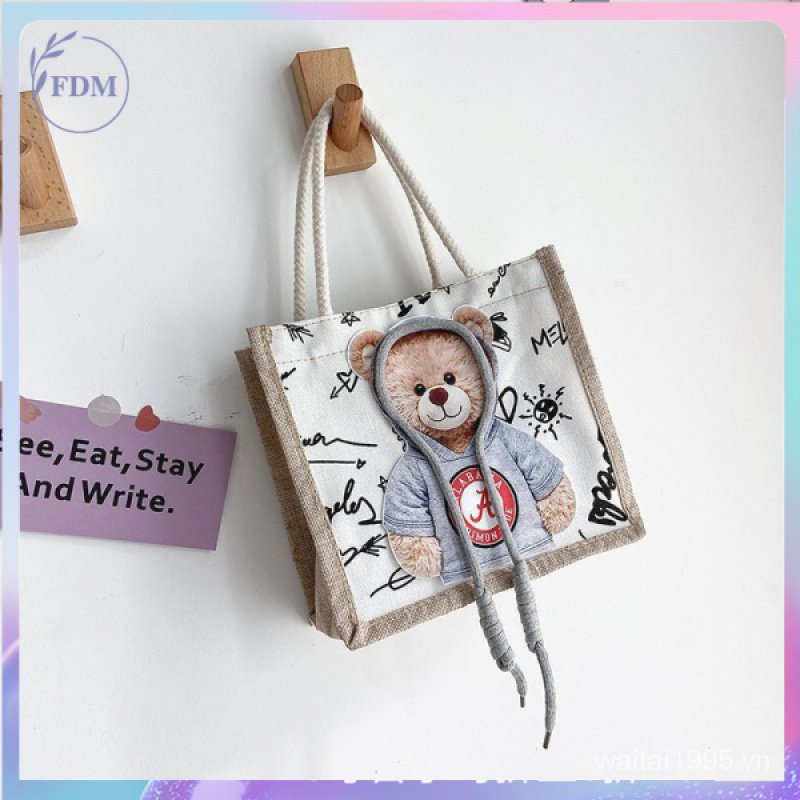 Túi xách tay bằng vải canvas in hình gấu dễ thương cho nữ