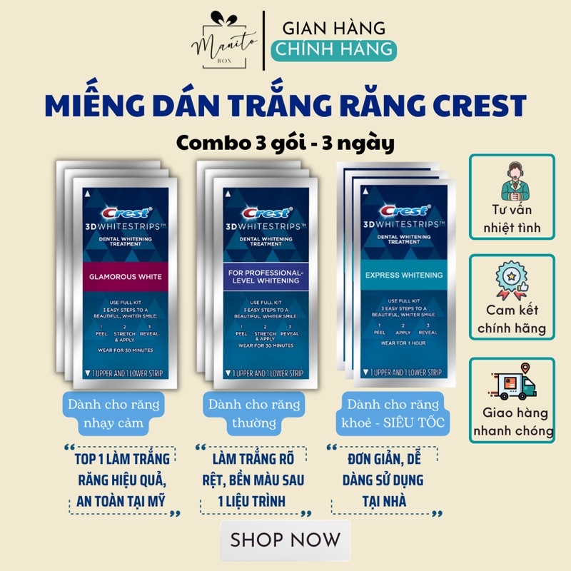 Miếng dán trắng răng Crest 3D White Professional Effect - 1 Hour - Glamorous combo 3-7 gói bill Mỹ