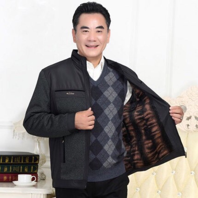 Áo khoác trung niên lót lông cừu cực dày, ấm