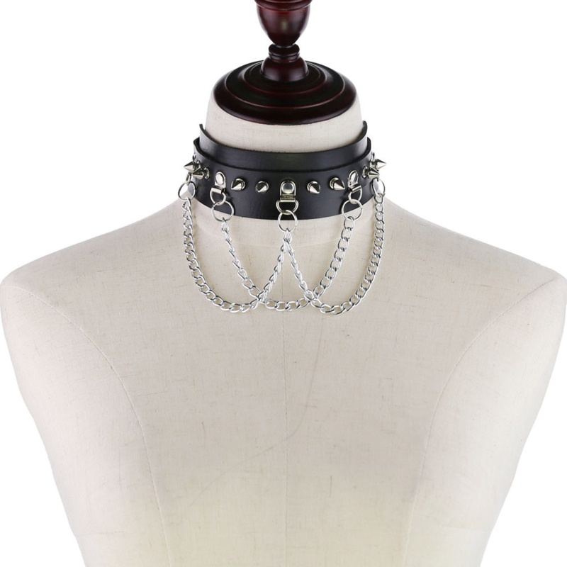 Vòng cổ choker đính đinh tán phối chuỗi dây xích phong cách punk gothic thời trang cho nam và nữ