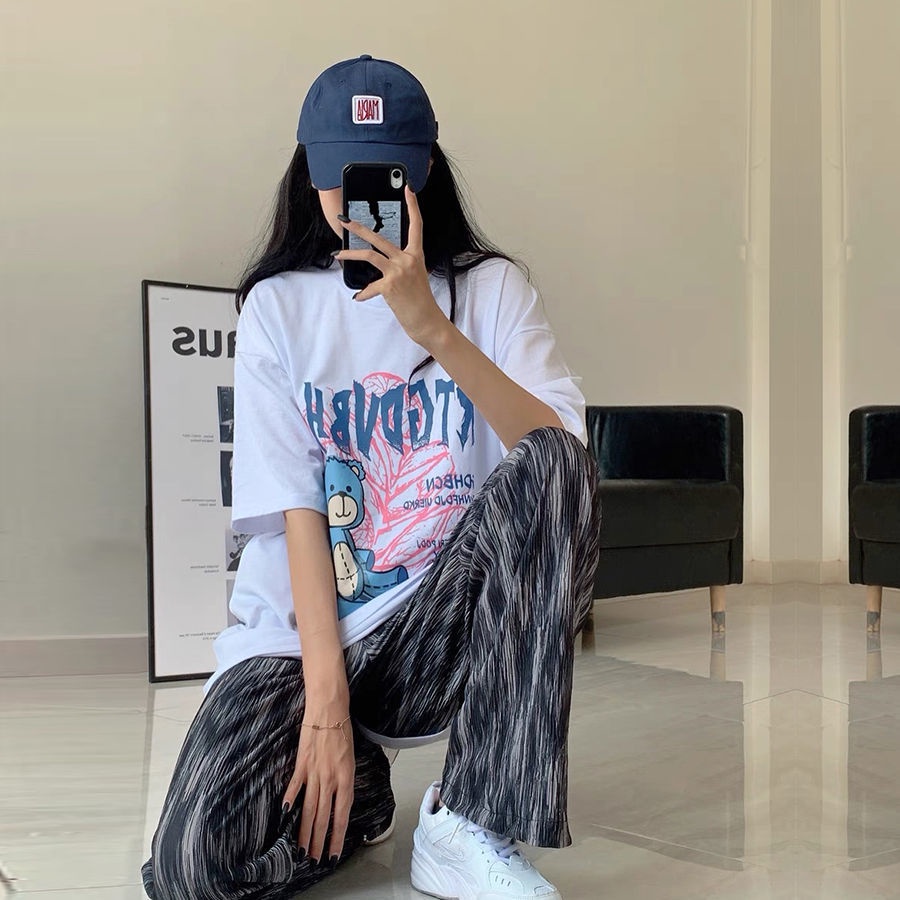 Happy-store 💋 quần đen nữ ống rộng Lưng Thun In Họa Tiết Hoạt Hình Cá Tính Phong