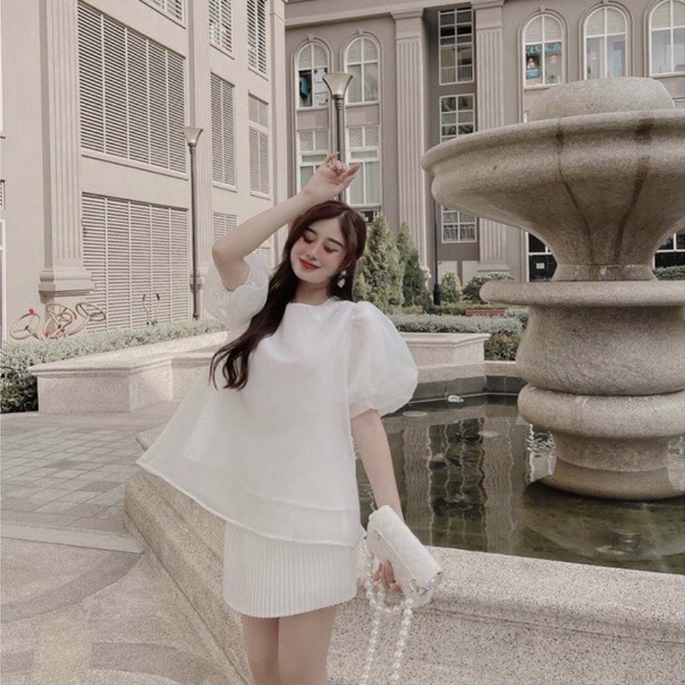 Áo babydoll nữ tay phồng áo kiểu nữ bayby doll chất liệu voan đi chơi 2 màu trắng hồng