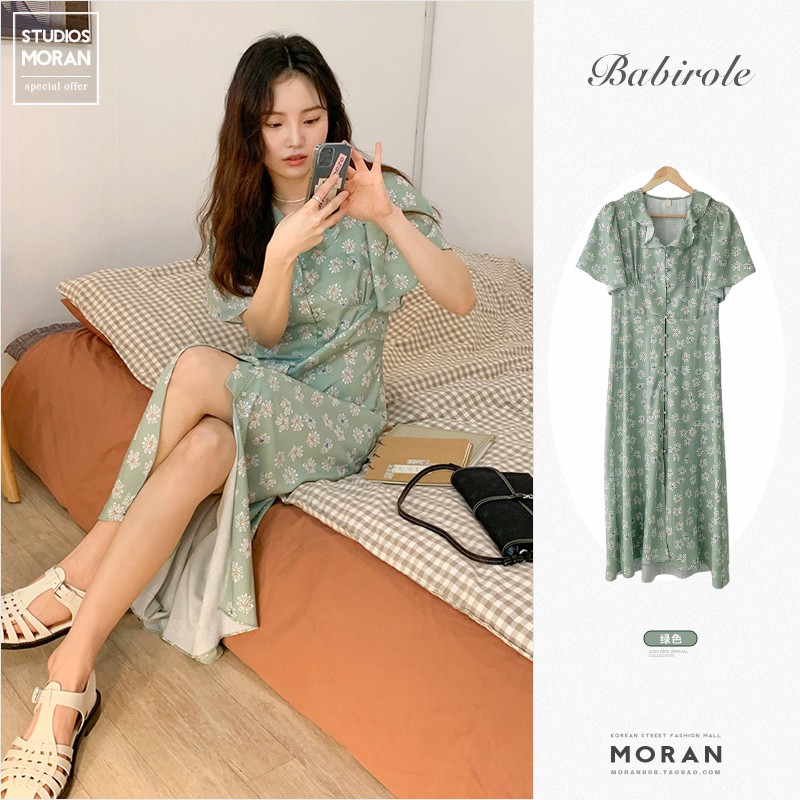 (ORDER) Váy MORAN voan hoa xanh cổ V tay rộng cài dọc khuy dáng suông dài vintage Hàn Quốc tiểu thư (NEW ARRIVALS HOT)