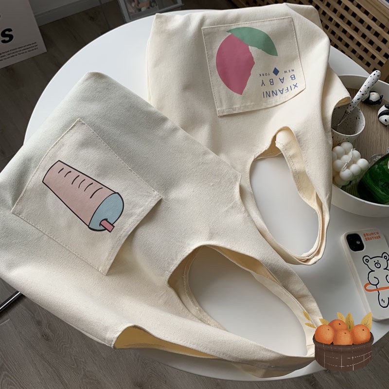 Túi vải túi tote vải vanvas liền thân có ngăn ngoài hoạ tiết trà sữa 283