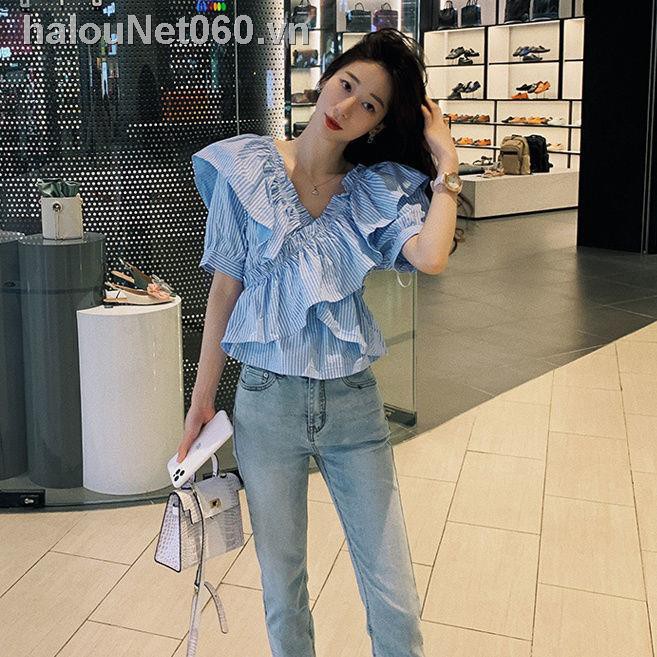 Áo Kiểu Cổ Chữ V Kẻ Sọc Màu Xanh Dương Ngắn Tay Thời Trang Mùa Hè Cho Nữ