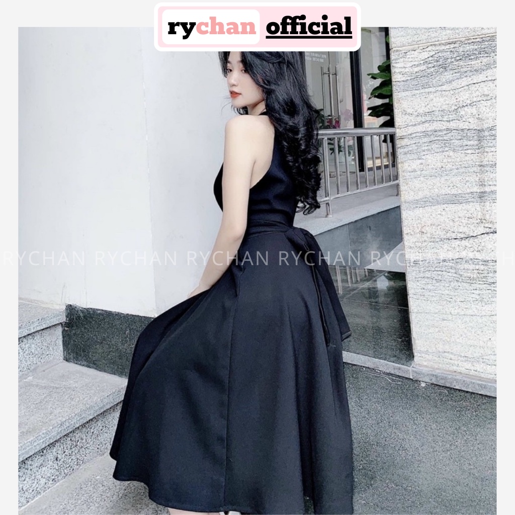 Đầm Nữ Dự Tiệc Dáng Dài Xòe Cổ Yếm Khoét V Thắt Chéo Eo Cực Quyến Rũ Màu Đen - DX9734