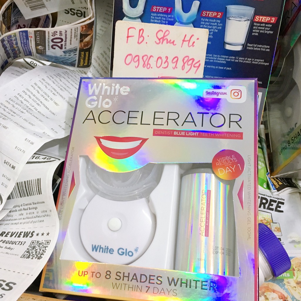 Đủ bill Chemist - Bộ Máy làm trắng răng bằng ánh sáng xanh White Glo White Accelerator Blue Light Teeth Whitening System