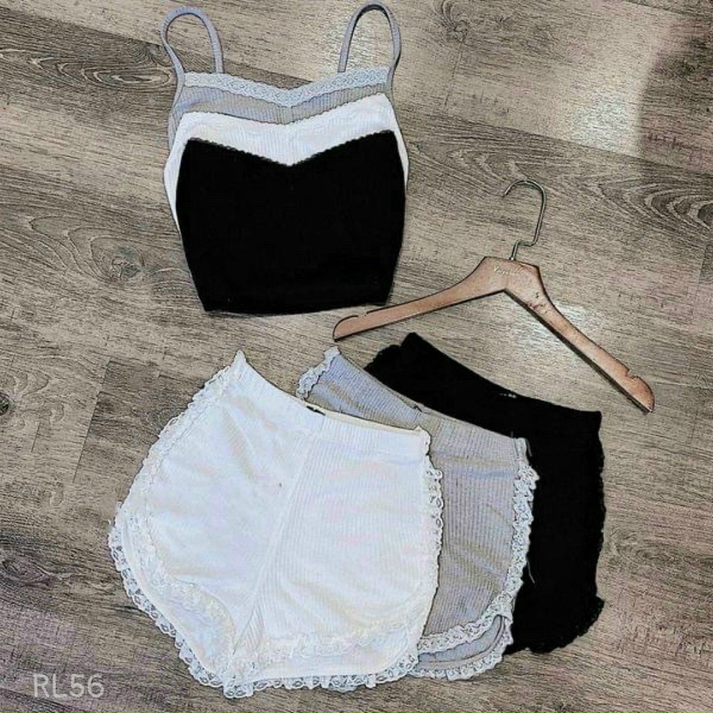 Set Bộ Mặc Nhà Nữ Áo 2 Hai Dây - Quần Đùi Phối Viền Ren Chất Thun Gân Tăm