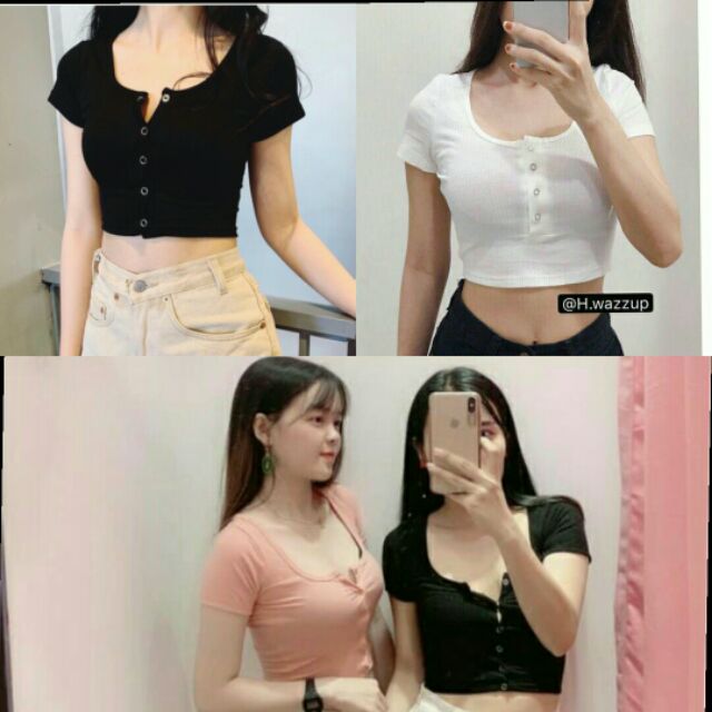 Áo Croptop Nút Thật, cúc bấm inox không gỉ