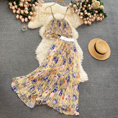 Váy Maxi Đi Biển Set Váy Hai Dây Voan Hoa Cho Mùa Hè 2021