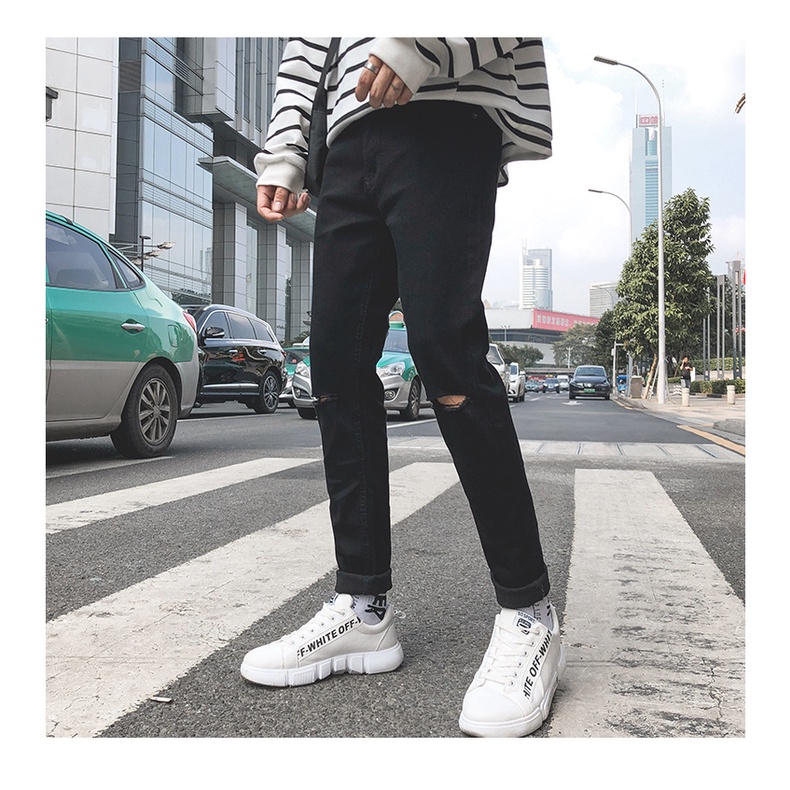 Quần jean màu đen rách 2 bên gối , 2 màu đen và xanh , co giãn nhẹ giữ phom dáng hàn quốc | BigBuy360 - bigbuy360.vn
