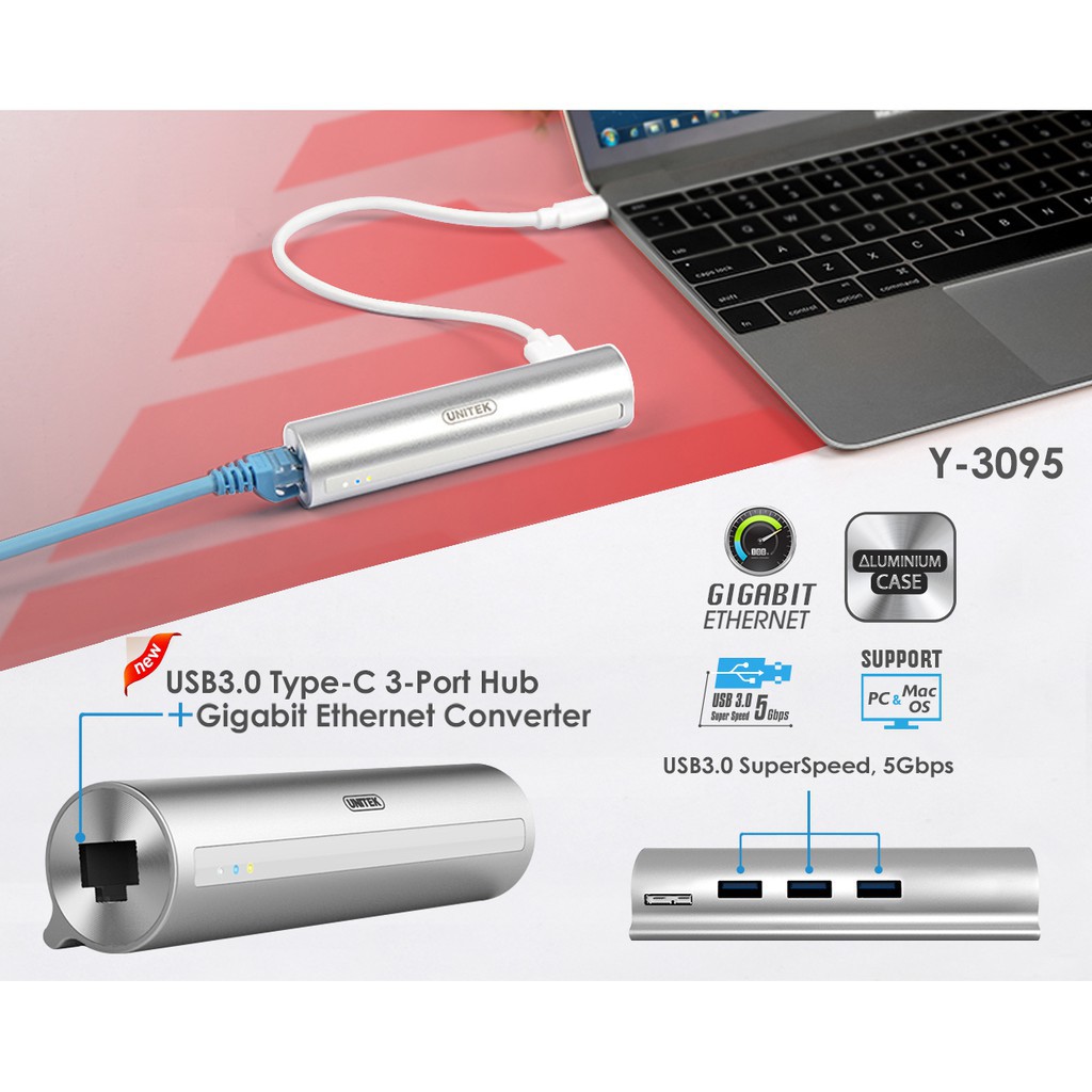 Cáp Chuyển USB typeC 3.1 to LAN gigabit + 3 HUB USB 3.0 Unitek Y3095