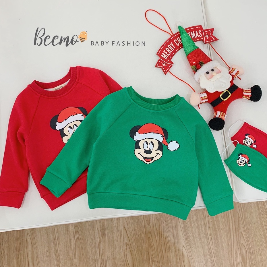 Áo Noel nỉ da cá Beemo dài tay tặng kèm khẩu trang cao cấp, áo nỉ da cá hoạ tiết Mickey Noel cho bé trai/bé gái