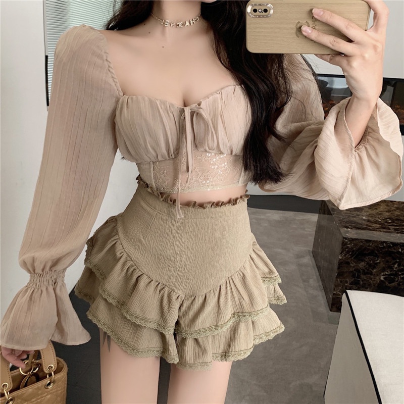 Bộ Áo Cổ Vuông Phối Ren + Chân Váy Ngắn Lưng Cao Thời Trang Mùa Thu Cho Nữ