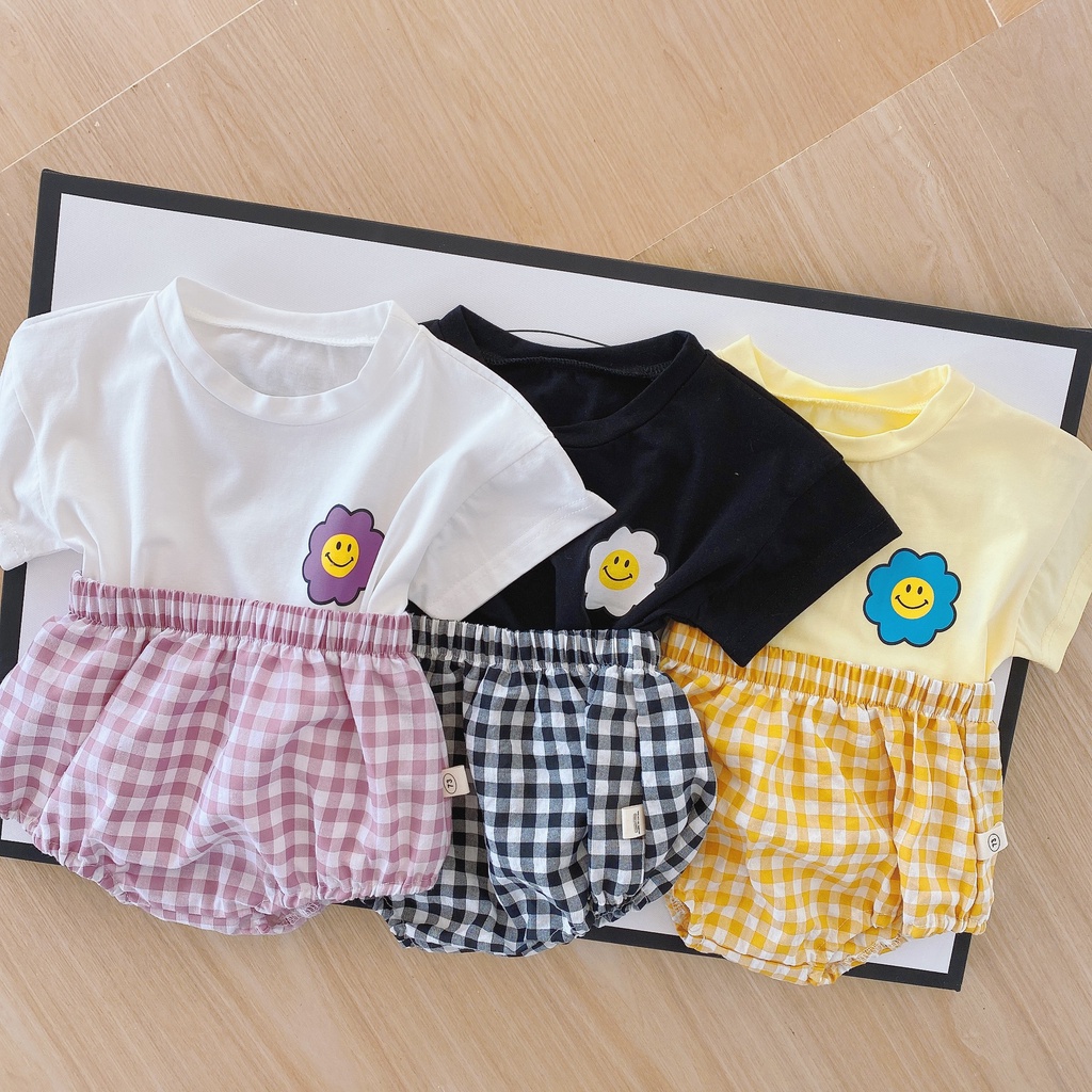 Bộ Quần Áo Gồm 2 Món Áo Thun In Hoa Mặt Cười + Quần Dành Cho Bé Gái