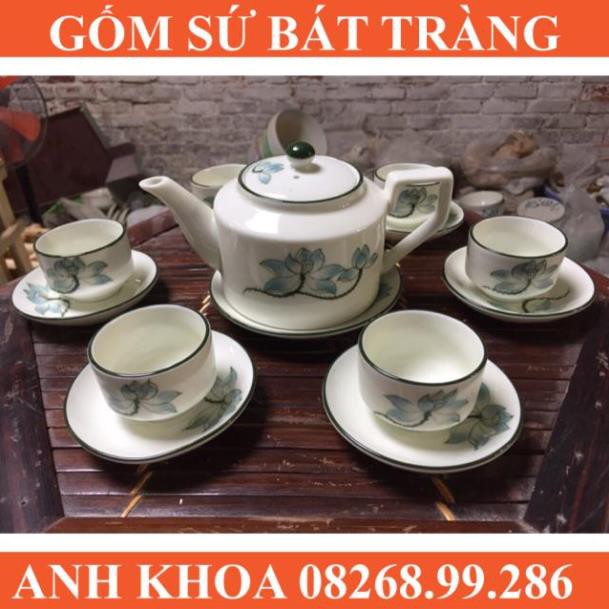 Bộ ấm chén quai vuông vẽ hoa sen xanh Bát Tràng - Gốm sứ Bát Tràng Anh Khoa