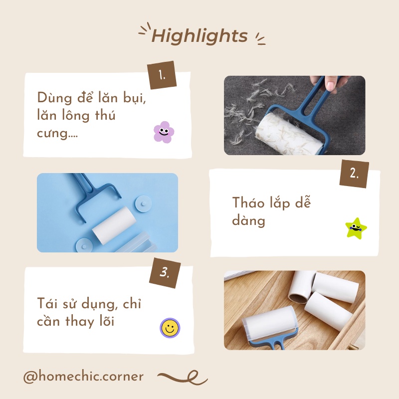 Cây lăn bụi quần áo, giường, sofa, lông thú cưng, lăn bụi sàn nhà | HOME CHIC CORNER
