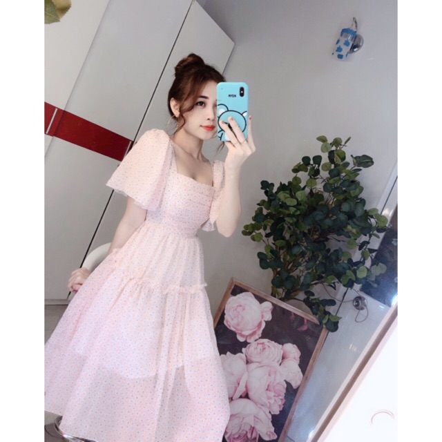 Đầm cổ vuông hoa nhí xếp ly (hình thật+video) | BigBuy360 - bigbuy360.vn