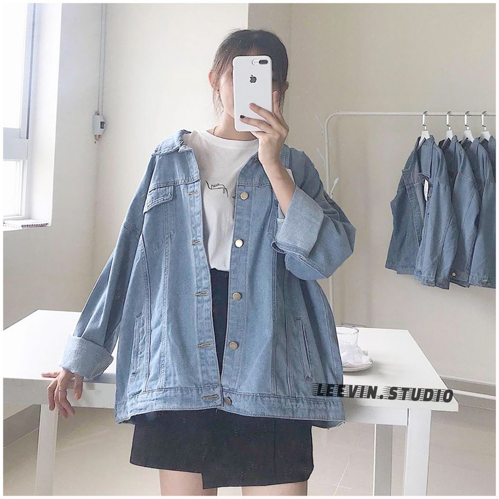 Áo Khoác Nữ Jean UNISEX Form Rộng Nam Nữ Màu Xanh và Đen - Áo khoác bò nữ form rộng suông Leevin Store giảm giá