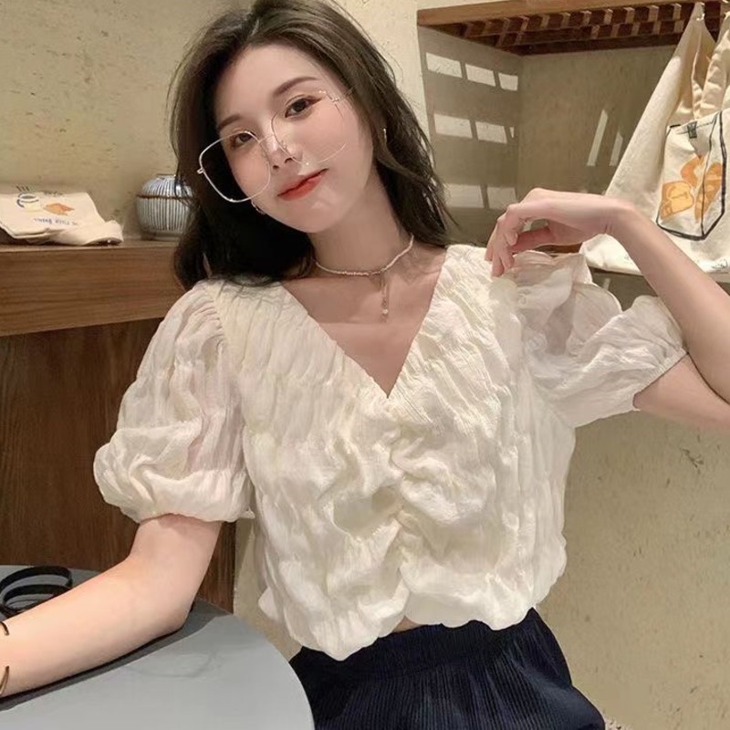 Áo Sơ Mi Trắng Tay Ngắn 165841 Áo Kiểu Tay Phồng Cổ Chữ v Dáng Rộng Xếp Ly Xinh Xắn Thời Trang