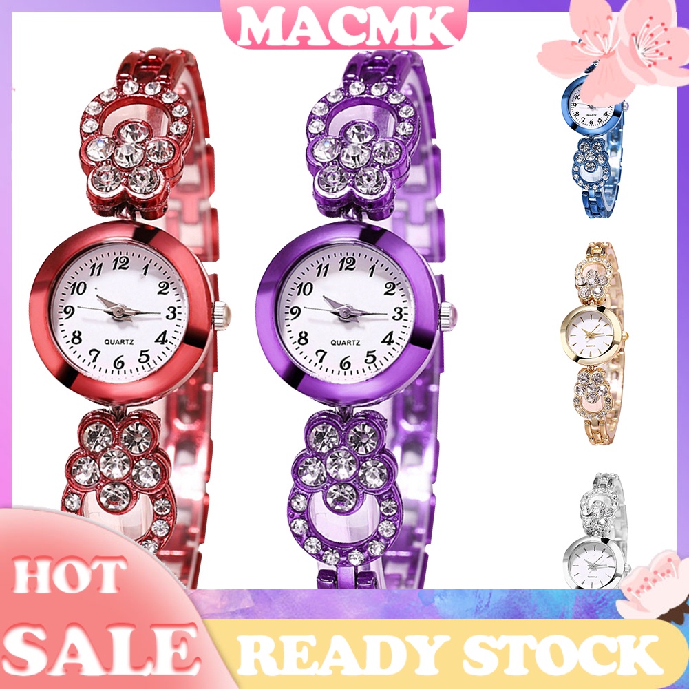 MACmk Elegant Women Rhinestone Flower Round Dial Alloy Band  Analog Quartz Wrist Watch