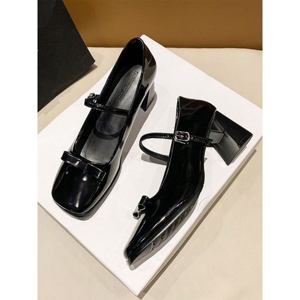 Order giày mũi vuông da bóng cao 7p đính nơ